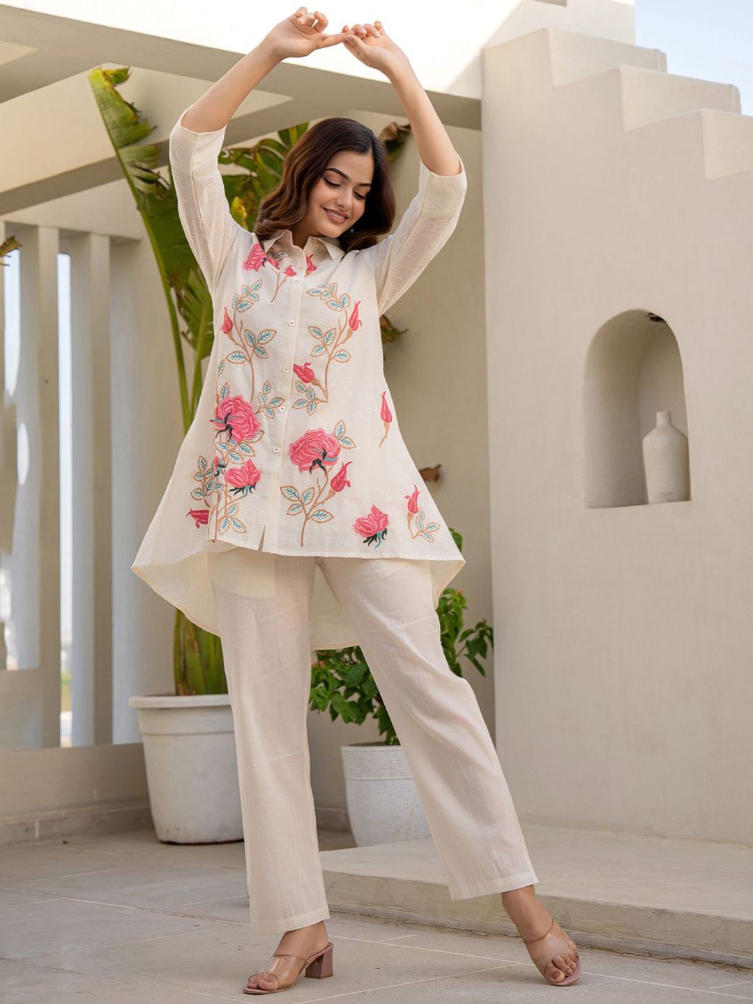 Dhiyona IE Indo era Embroidered Pure Cotton Shirt Collar Top With Trousers Co-Ords Set