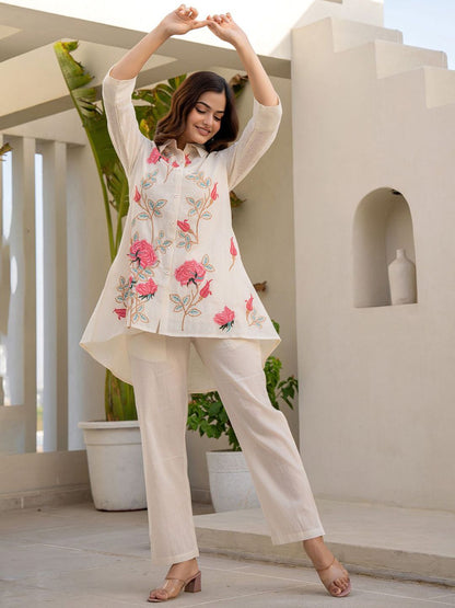 Dhiyona IE Indo era Embroidered Pure Cotton Shirt Collar Top With Trousers Co-Ords Set