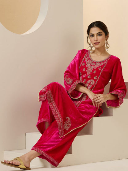 Dhiyona IS Women's Women Ethnic Motifs Embroidered Regular Thread Work Velvet Kurta with Trousers