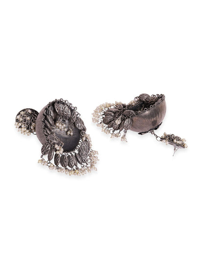 Dhiyona RJ Women's Oxidised Silver-Plated Antique Black & White Pearl Beaded Dome-Shaped Big Jhumkas
