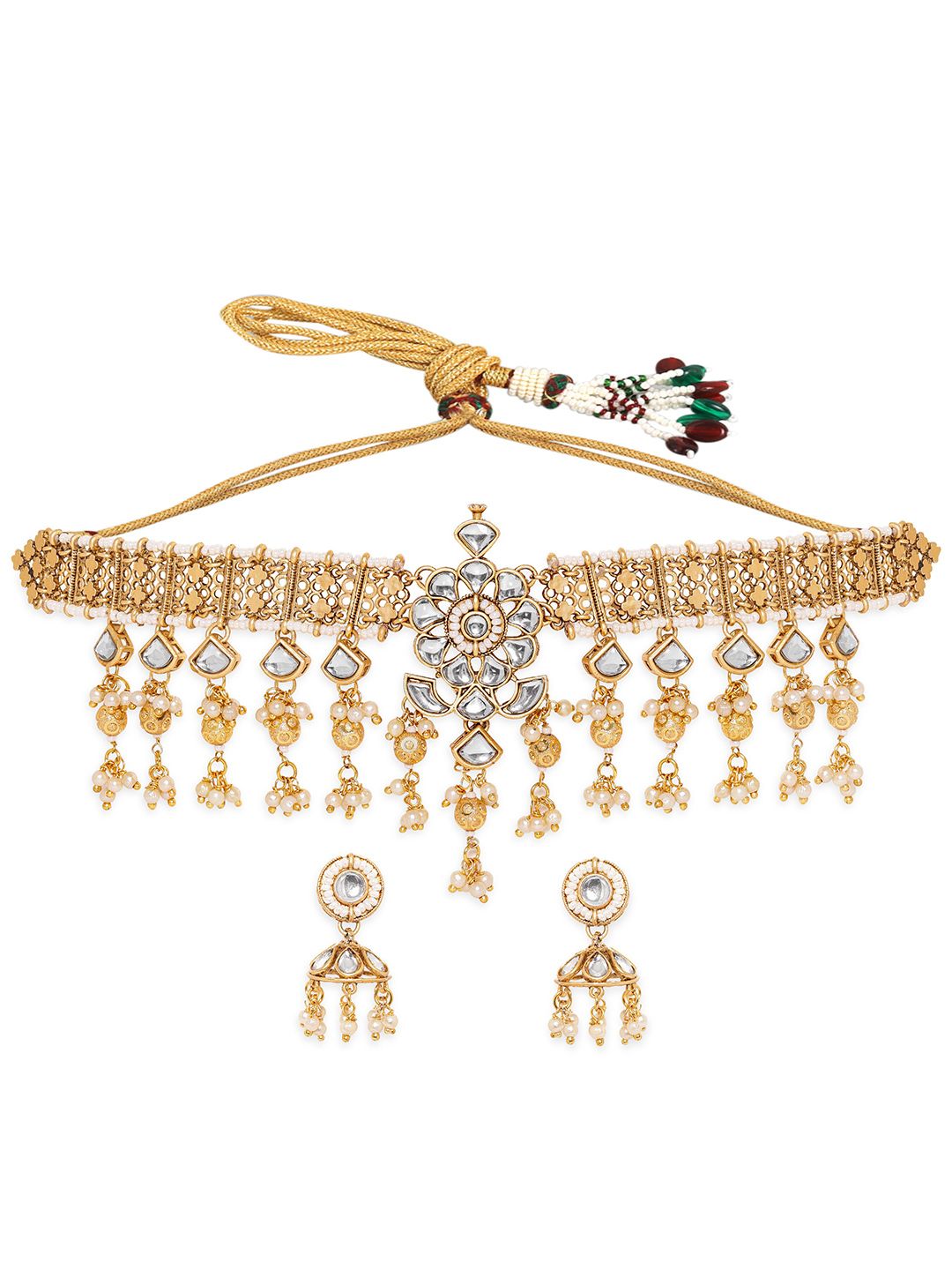 Dhiyona RJ Women's 22K Gold-Plated White Kundan Studded & Pearl Beaded Handcrafted Choker JewellerySet