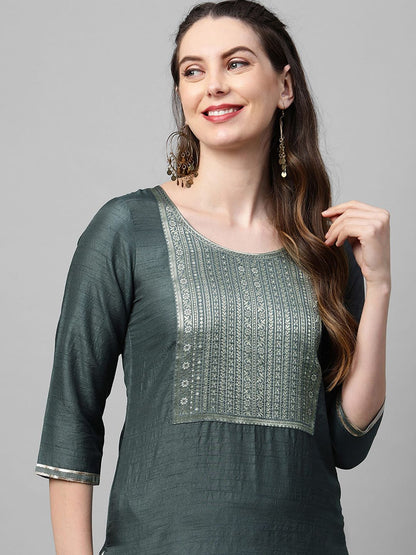 Dhiyona IE Women Charcoal Grey Ethnic Motifs Yoke Design Straight Kurta