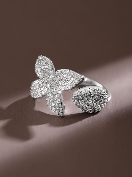 Dhiyona RJ Women's Rhodium Plated Cubic Zirconia Studded Floral Openable Adjustable Statement Ring