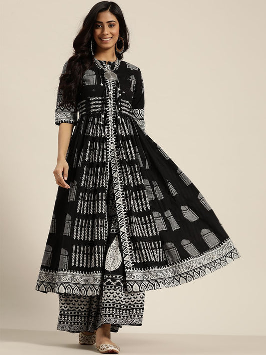 Dhiyona SN Women's Black & White Ethnic Motifs Printed Pure Cotton Kurta with Sharara