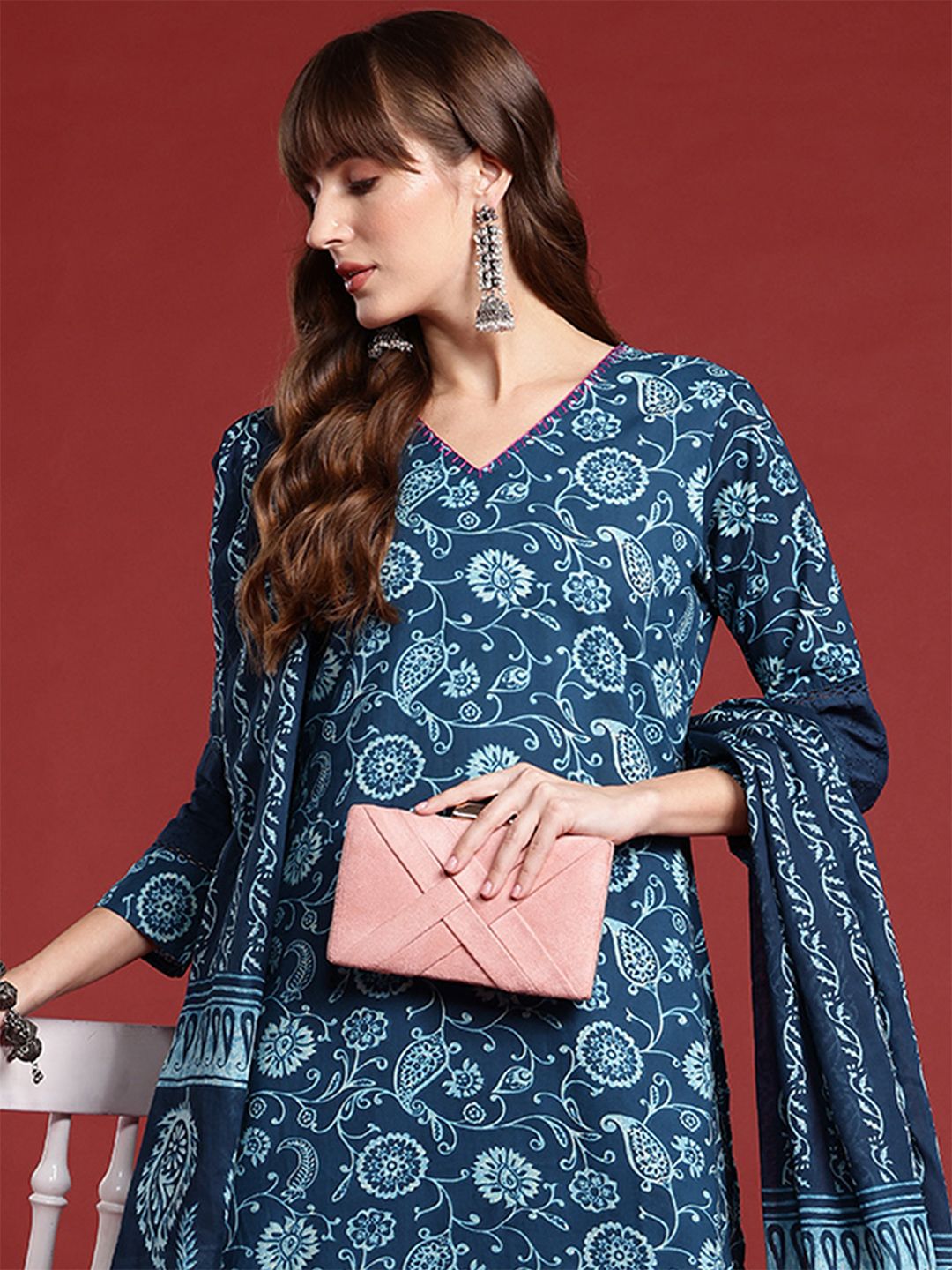 Dhiyona IE Paisley Printed Thread Work Pure Cotton Kurta With Trousers & Dupatta