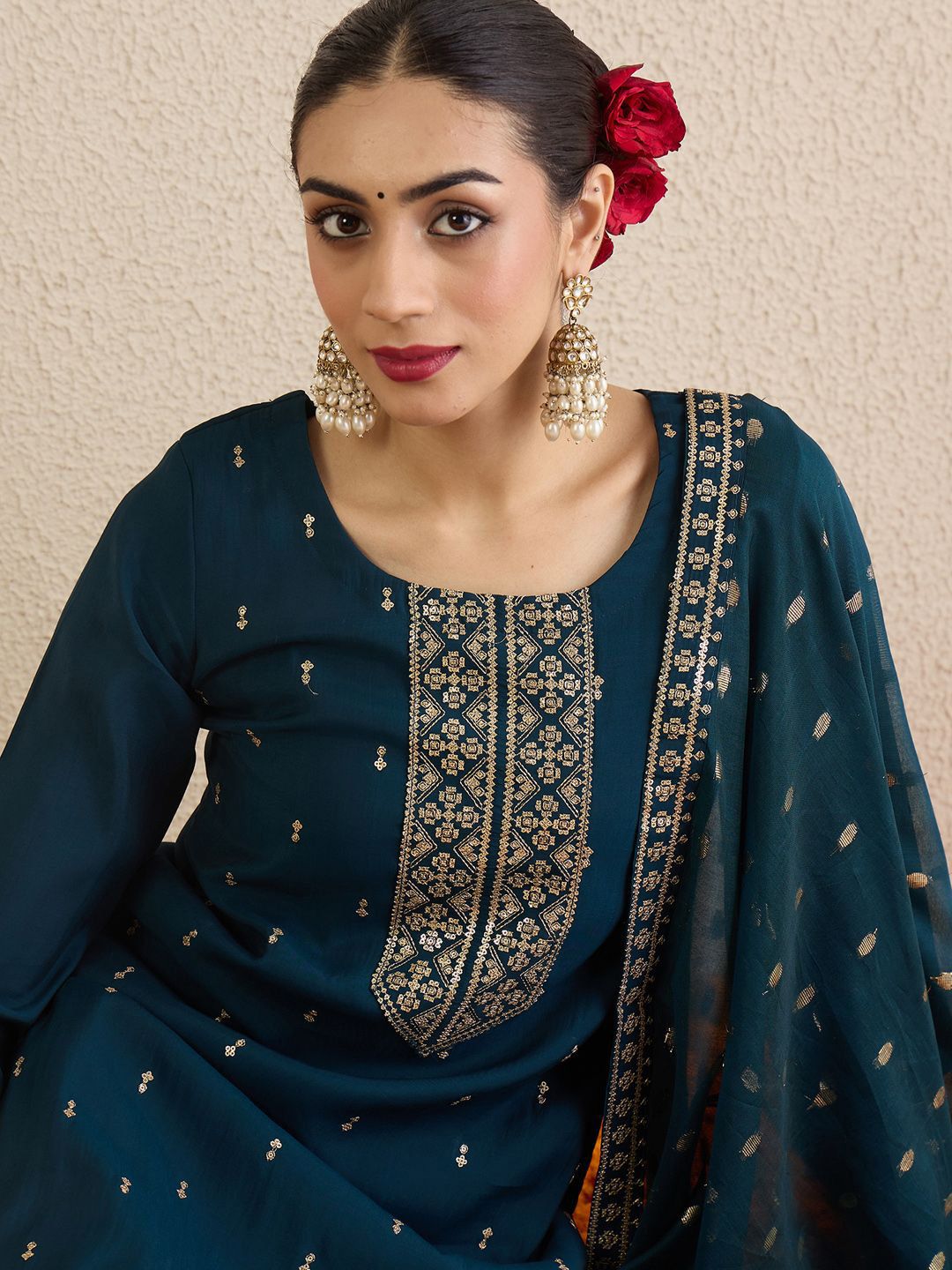 Women Solid Embroidered Kurta with Palazzo & Dupatta