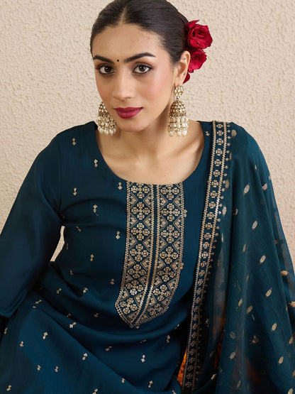 Women Solid Embroidered Kurta with Palazzo & Dupatta