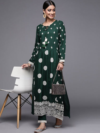 Dhiyona IE Women Green Ethnic Motifs Embroidered Kurta with Trousers