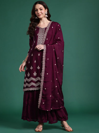 Dhiyona IE Ethnic Motifs Embroidered Regular Sequinned Kurta with Sharara & Dupatta