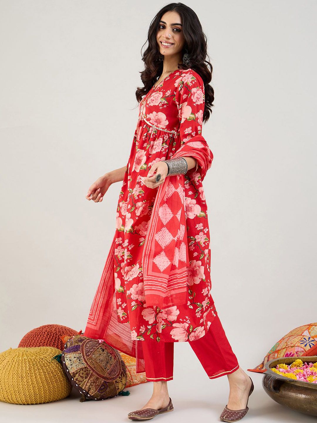 Dhiyona IE Floral Printed Empire Gotta Patti Pure Cotton Kurta & Trousers & Dupatta