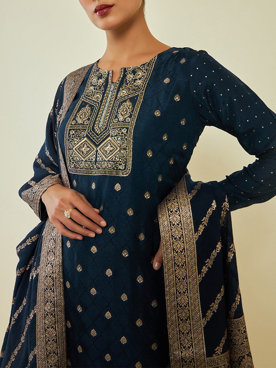 Dhiyona SO Women's Ethnic Motifs Embroidered Silk Kurta with Trousers & With Dupatta