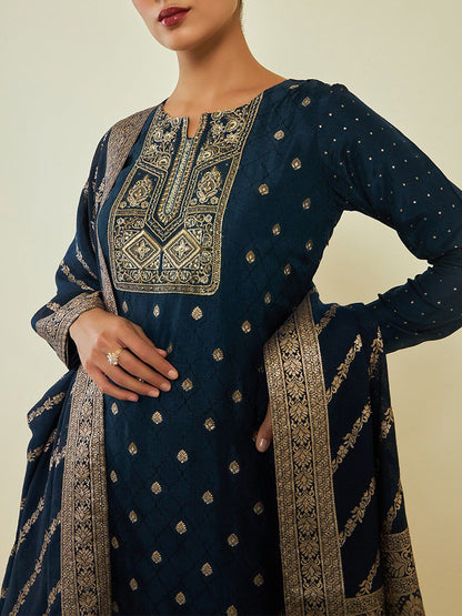 Dhiyona SO Women's Ethnic Motifs Embroidered Silk Kurta with Trousers & With Dupatta