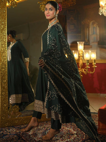 Ethnic Motifs Embroidered Regular Anarkali Kurta With Trousers & Dupatta