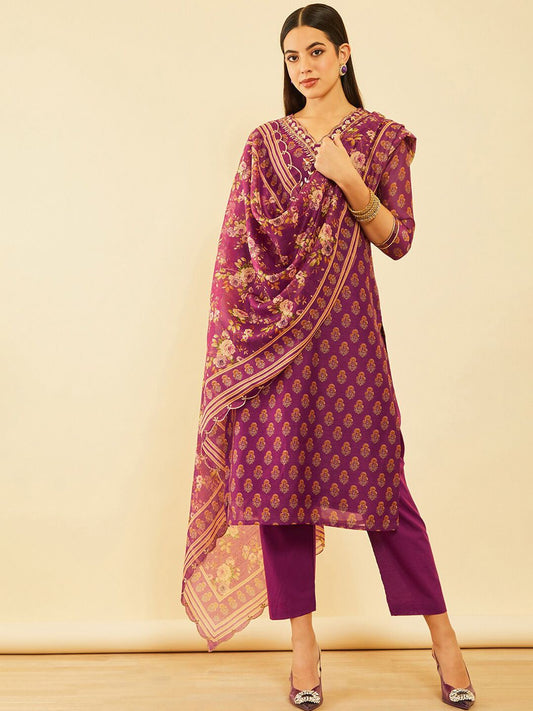 Dhiyona SO Women's Ethnic Motifs Printed Gotta Patti Chanderi Silk Kurta & Trousers With Dupatta