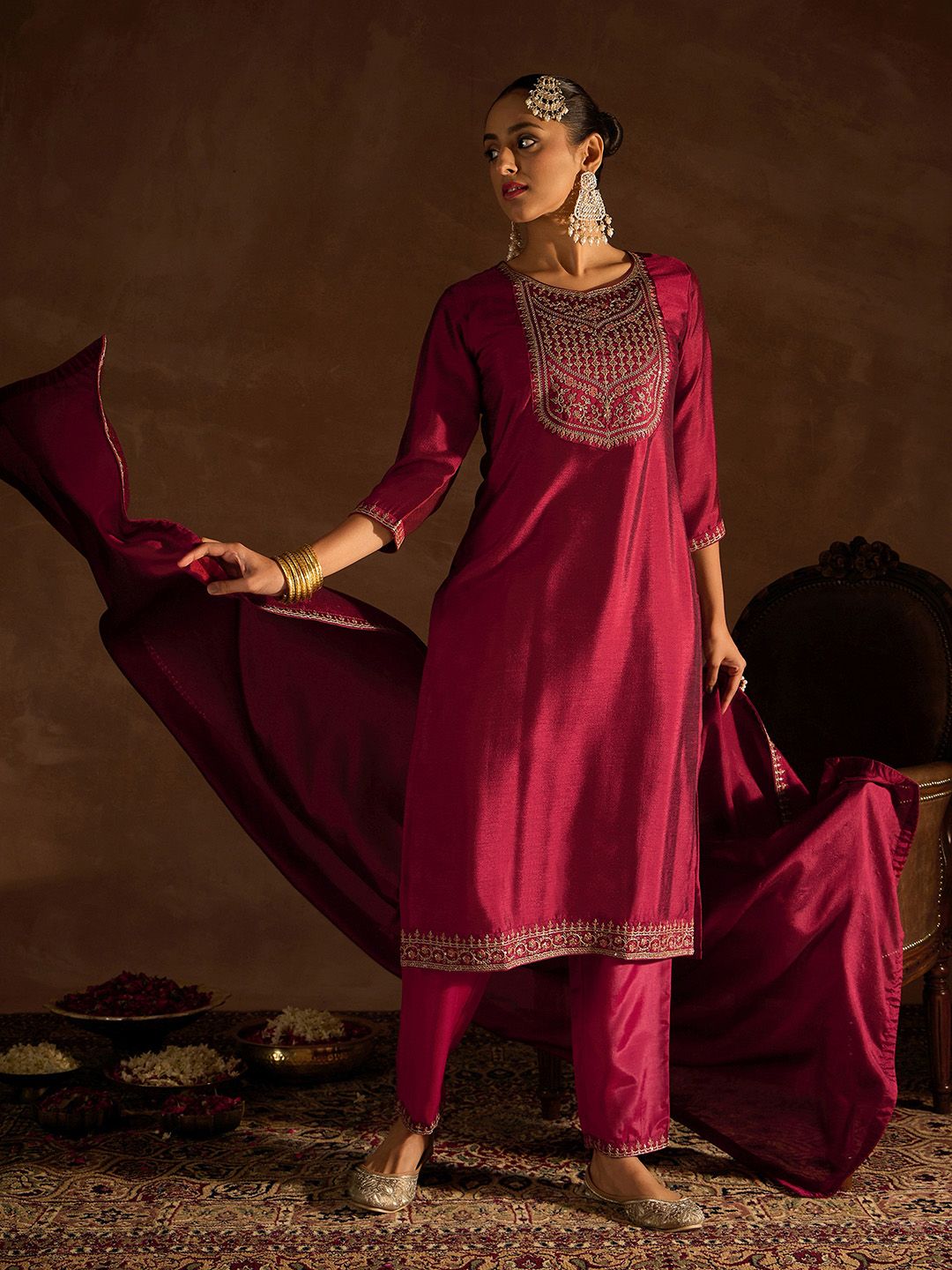 Maroon Ethnic Motifs Embroidered Regular Sequinned Kurta with Trousers & Dupatta