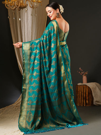 Women's Georgette Blue Woven Design Celebrity Saree With Blouse Piece