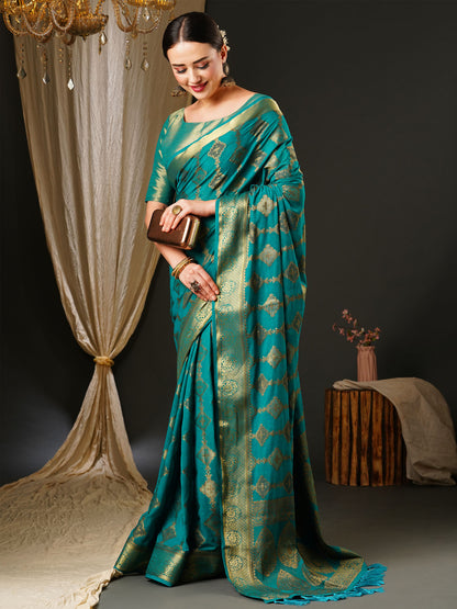 Women's Georgette Blue Woven Design Celebrity Saree With Blouse Piece