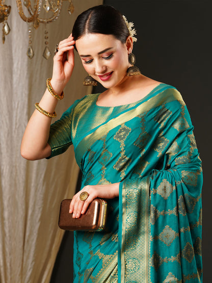 Women's Georgette Blue Woven Design Celebrity Saree With Blouse Piece