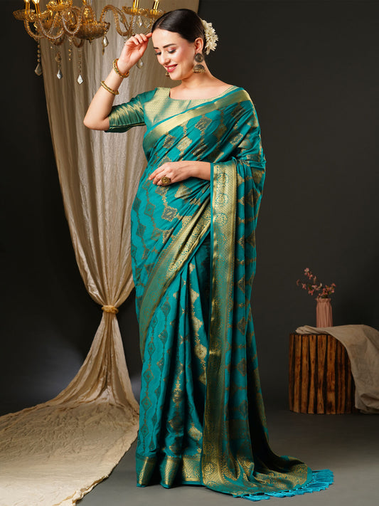 Women's Georgette Blue Woven Design Celebrity Saree With Blouse Piece