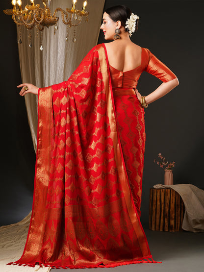 Women's Georgette Red Woven Design Celebrity Saree With Blouse Piece