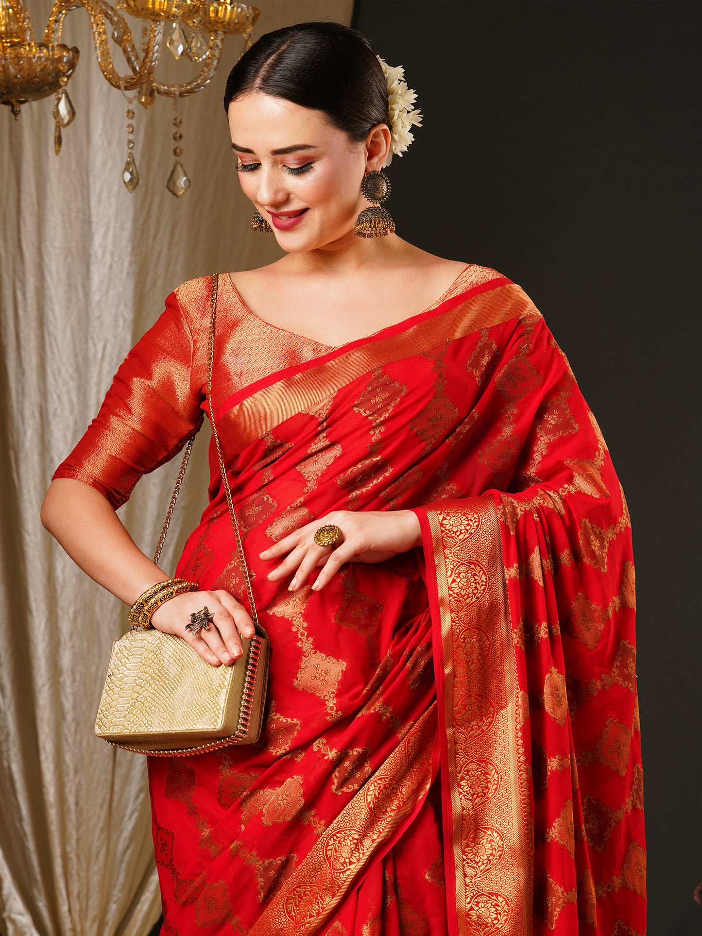 Women's Georgette Red Woven Design Celebrity Saree With Blouse Piece