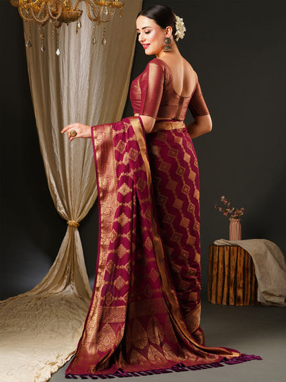 Women's Georgette Purple Woven Design Celebrity Saree With Blouse Piece