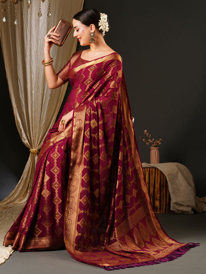 Women's Georgette Purple Woven Design Celebrity Saree With Blouse Piece