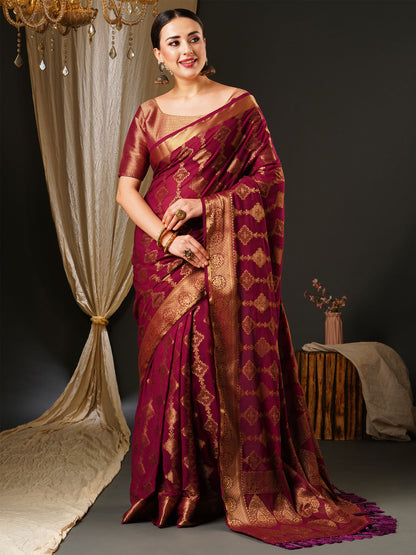 Women's Georgette Purple Woven Design Celebrity Saree With Blouse Piece