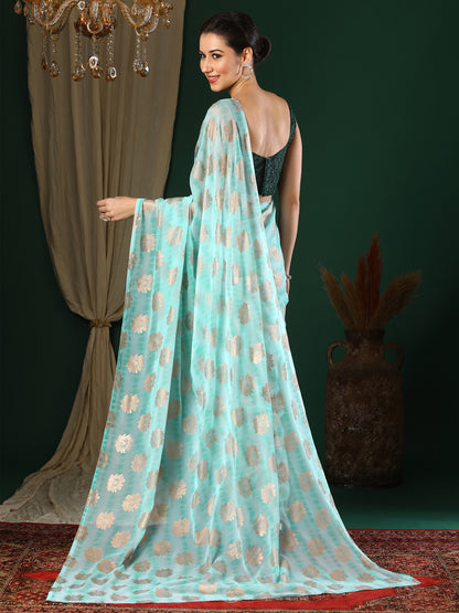 Women's Georgette Light Blue Printed Designer Saree With Blouse Piece