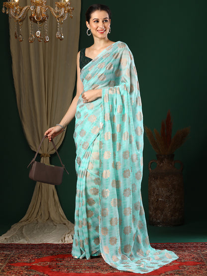 Women's Georgette Light Blue Printed Designer Saree With Blouse Piece