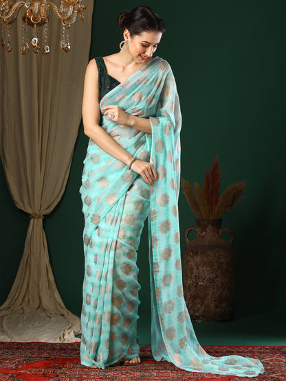 Women's Georgette Light Blue Printed Designer Saree With Blouse Piece