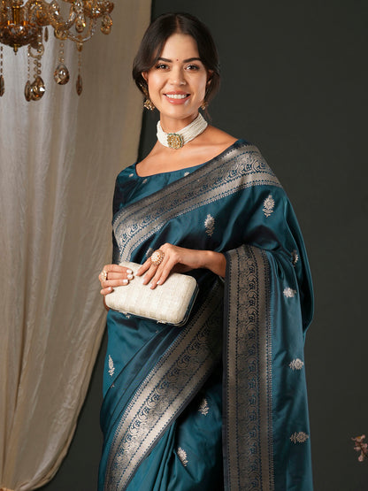 Women's Silk Blend Teal blue Woven Design Designer Saree With Blouse Piece