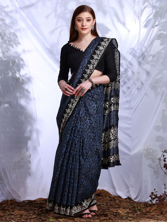 Women's Bhagalpuri Silk Blue Printed Designer Saree With Blouse Piece
