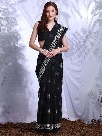 Women's Bhagalpuri Silk Black Printed Designer Saree With Blouse Piece
