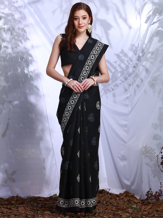 Women's Bhagalpuri Silk Black Printed Designer Saree With Blouse Piece