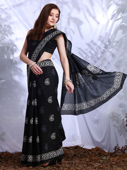 Women's Bhagalpuri Silk Black Printed Designer Saree With Blouse Piece