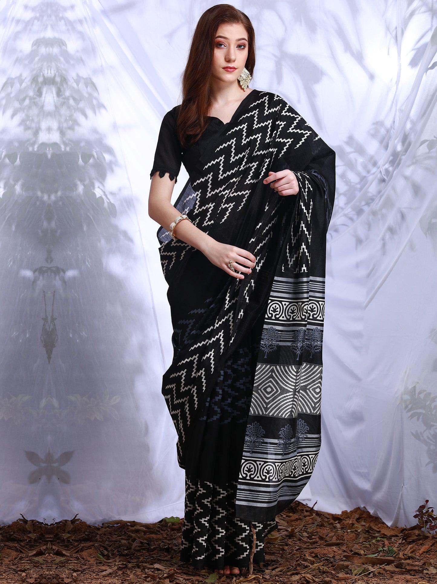 Women's Bhagalpuri Silk Black Printed Designer Saree With Blouse Piece