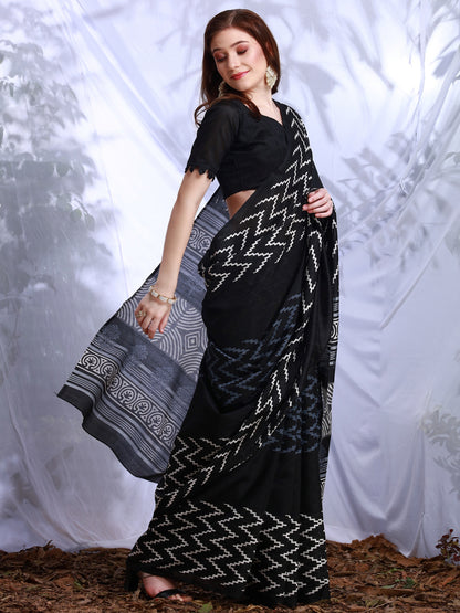 Women's Bhagalpuri Silk Black Printed Designer Saree With Blouse Piece