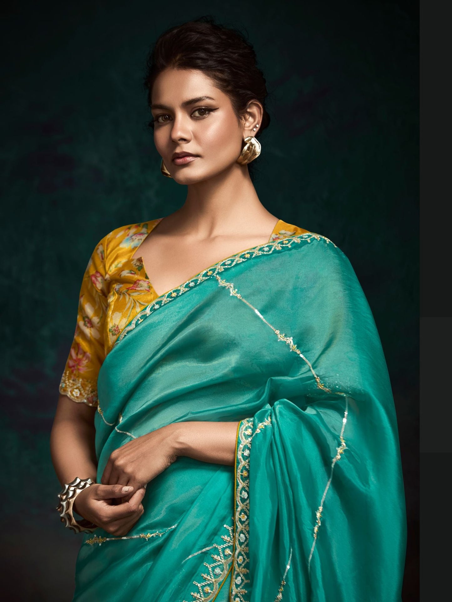 Dhiyona KM Women Teal Designer Organza Saree With Handcrafted Embroidered Border “ Bold, Elegant, Unforgettableteal Green Designer Organza Silk Saree