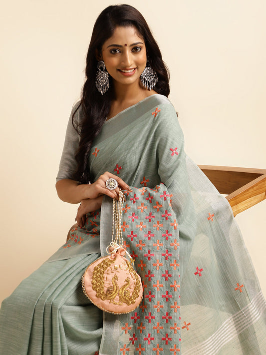 Dhiyona GR Women's CT Sea Green Cotton Linen Silk Embroidered Saree