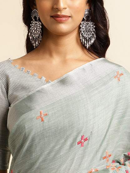 Dhiyona GR Women's CT Sea Green Cotton Linen Silk Embroidered Saree