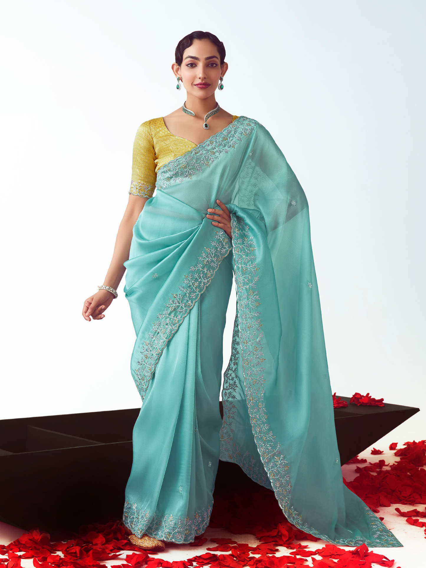 Dhiyona KM Women Sky Blue Organza Silk Saree