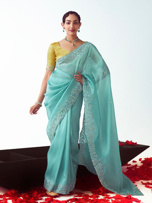 Dhiyona KM Women Sky Blue Organza Silk Saree