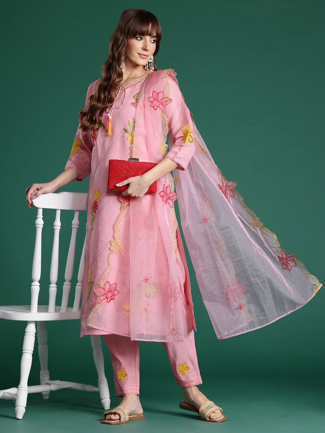 Dhiyona IE Floral Embroidered Sequinned Kurta with Trousers & Dupatta