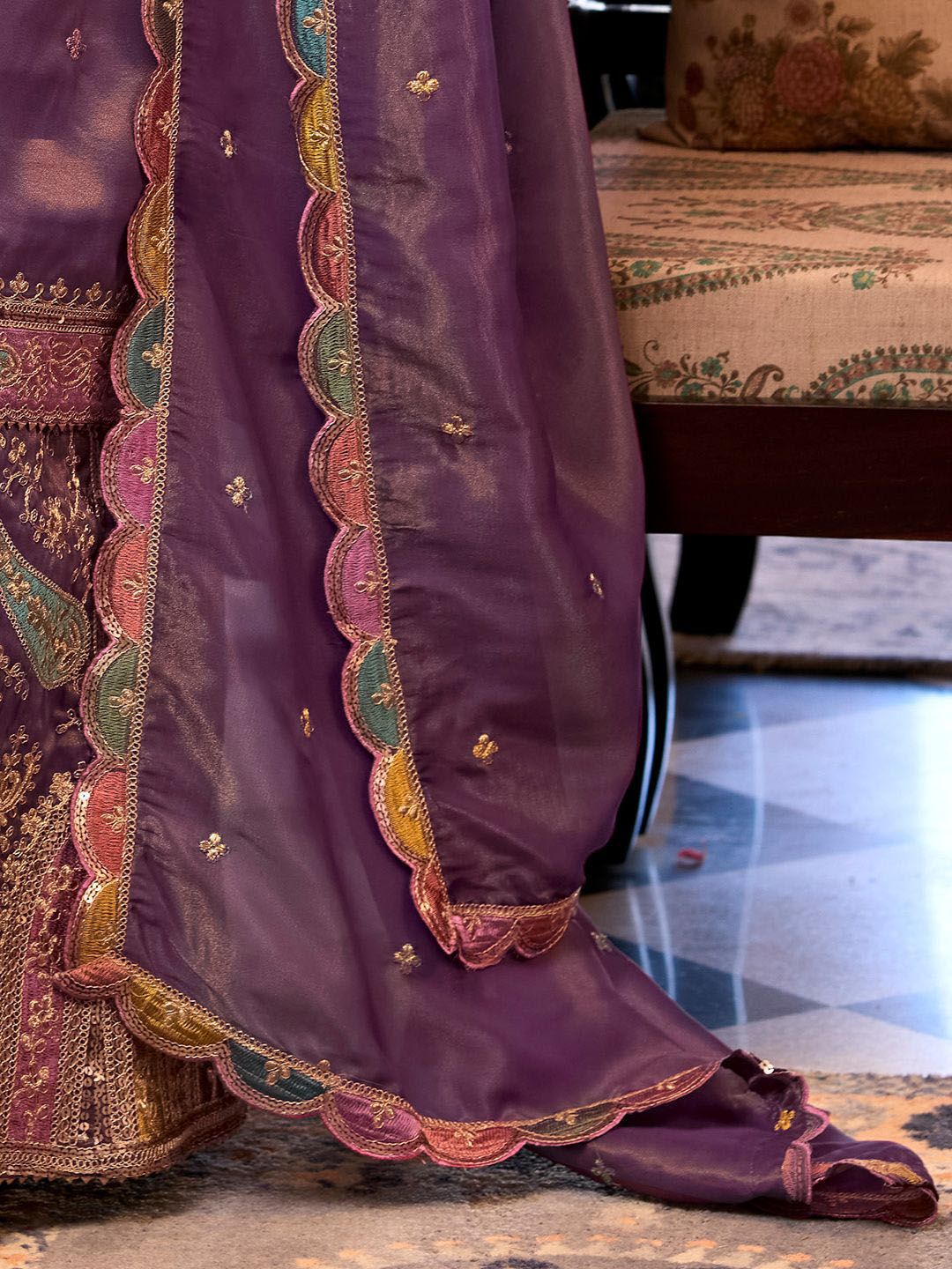 Floral Embroidered Sequinned Straight Kurta With Palazzos & Dupatta