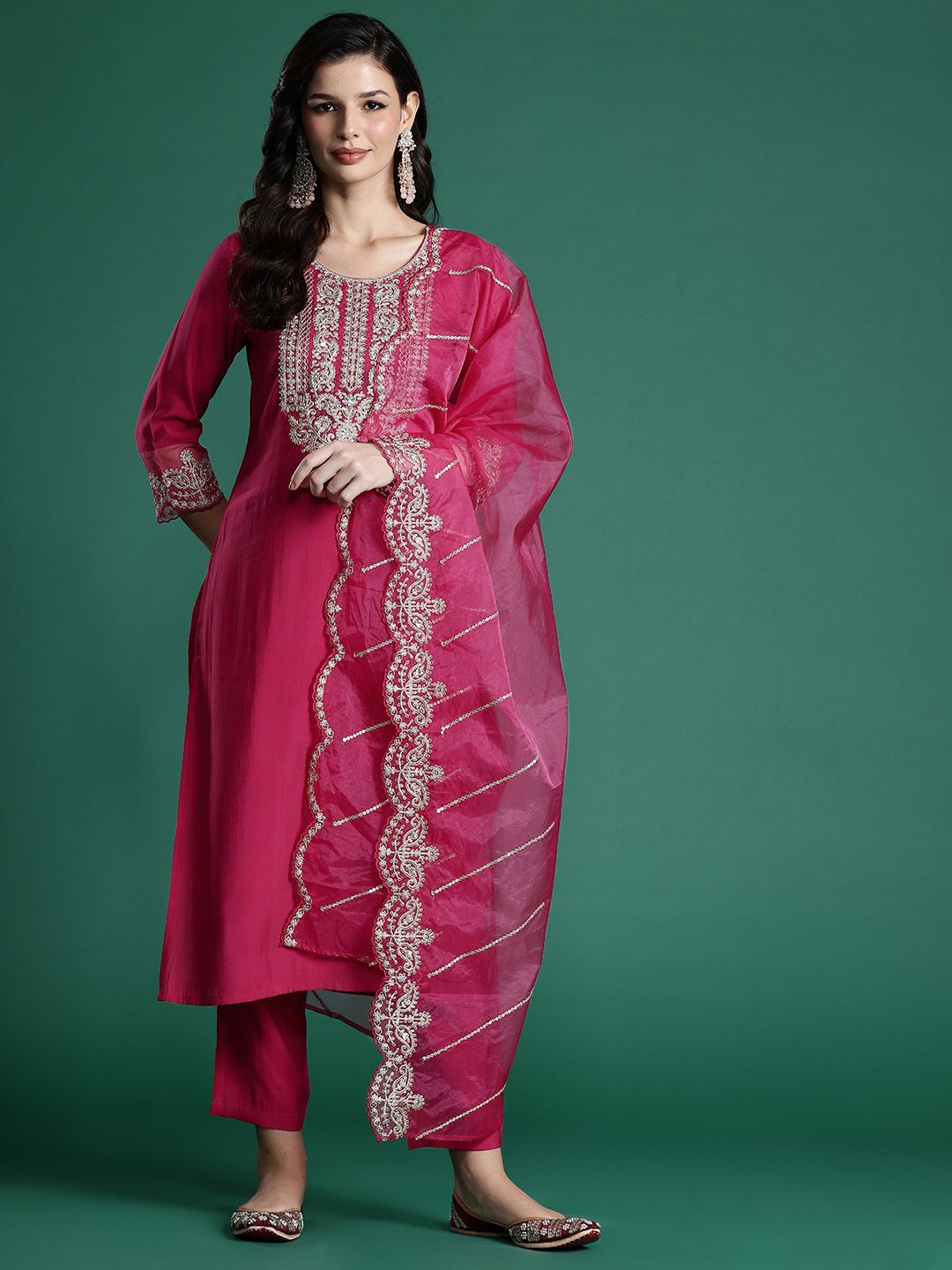 Dhiyona IE Women Ethnic Motifs Embroidered Zari Liva Kurta With Trousers & Dupatta