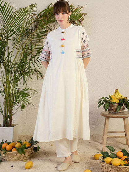 Dhiyona IE Women Ethnic Motifs Embroidered Sequinned Pure Cotton A-Line Kurta with Trousers