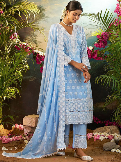 Women Ethnic Motifs Embroidered Thread Work Cotton Kurta with Trousers & Dupatta