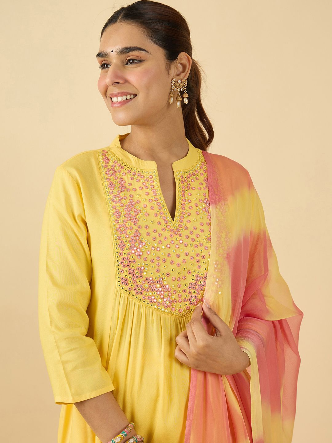 Dhiyona IE Women Embroidered Mirror Work Pure Cotton Kurta with Trousers & With Dupatta