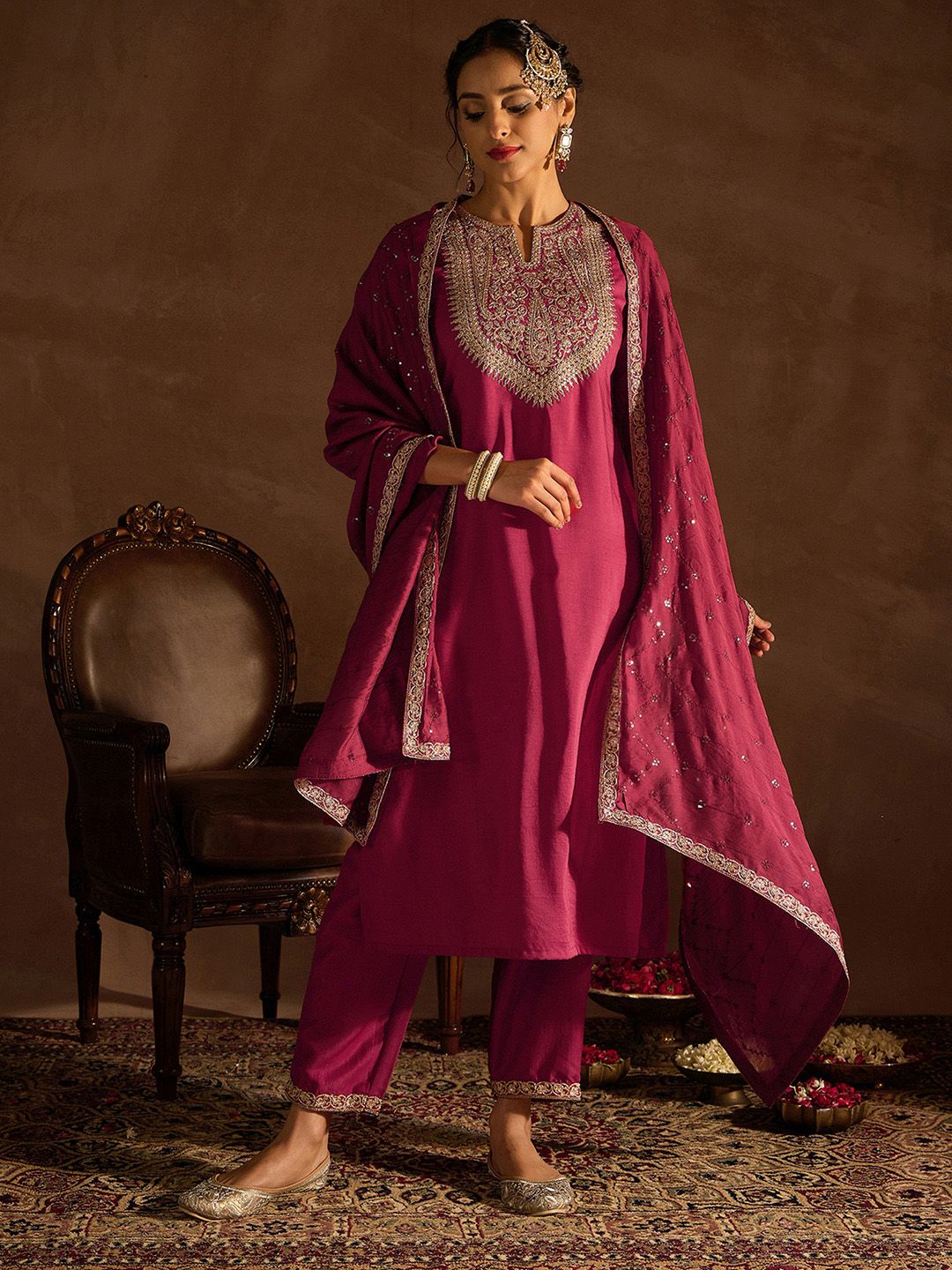 Dhiyona IE Red Floral Embroidered Regular Kurta with Trousers & Dupatta